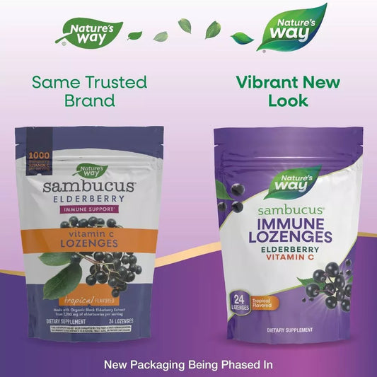 Nature's Way Sambucus Immune Lozenges with Elderberry & Vitamin C – Tropical Flavor, 24 Lozenges
