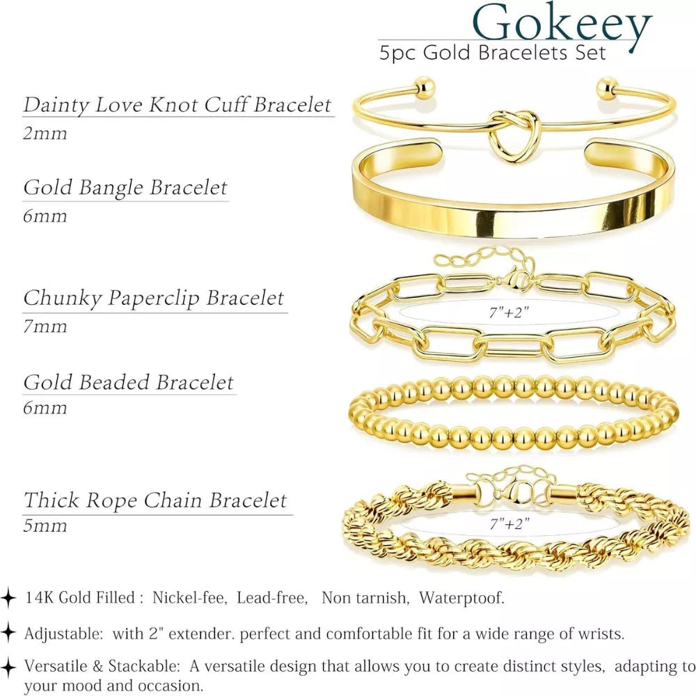 SYOSI 14K Gold Plated Stackable Bracelet Set – 5 Pcs Adjustable Waterproof Bangles for Women