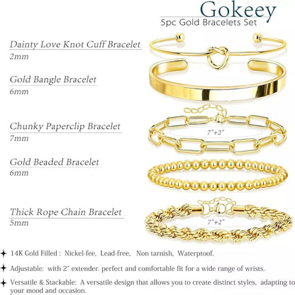 SYOSI 14K Gold Plated Stackable Bracelet Set – 5 Pcs Adjustable Waterproof Bangles for Women