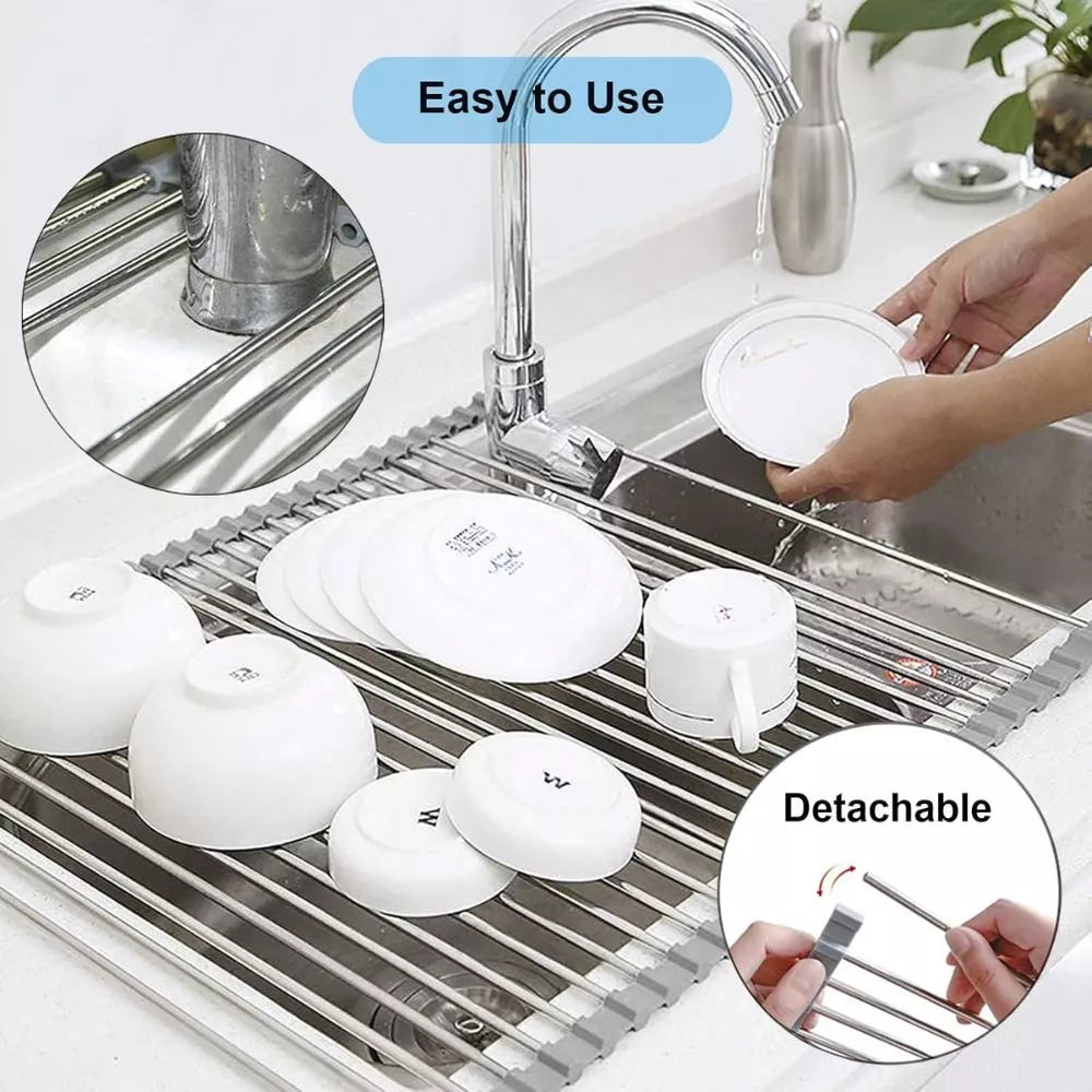 Searik Roll Up Over the Sink Dish Drying Rack – Foldable Stainless Steel Kitchen Sink Organizer (20.5" × 15.7")